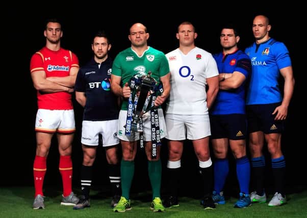 (From left to right) Wales captain Sam Warburton, Scotland captain Greg Laidlaw, Ireland captain Rory Best, England captain Dylan Hartley, France captain Guilhem Guirado and Italy captain Sergio Parisse with the Six Nations trophy during the RBS 6 Nations Media Launch at The Hurlingham Club, London.