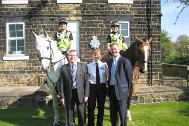 Former PCC Shaun Wright pictured with mounted section officers PC Kate Leake, Cllr Charlie Wraith, Chief Superintendent Rachel Barber and PC Ruth Dickens.