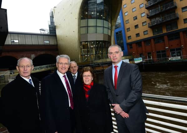 Peter Box, left, at the opening of the new entrance to Leeds Station with other political leaders.