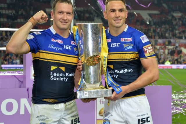 Leeds Rhinos' Danny McGuire (left) and Kevin Sinfield celebrate after winning the First Utility Super League Grand Final at Old Trafford, Manchester.