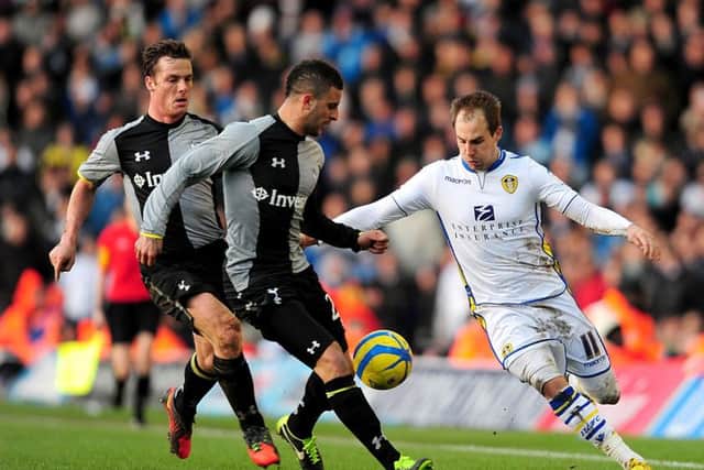 Leeds United goalscorer Luke Varney (right) battles for the ball with Tottenham Hotspur's Kyle Walker (centre) and Scott Parker (left) during the FA Cup Fourth Round match at Elland Road, in January 2013.