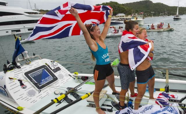 Handout photo of Team Row like a Girl, Lauren Morton, Bella Collins , Olivia Bolesworth and Georgina Purdy celebrate as they arrive at English Harbour to complete the Talisker Whisky Atlantic Challenge.