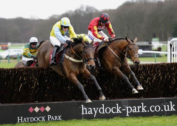 Wakanda and Danny Cook, left, on their way to victory in the CE Facilities Novices Chase at Haydock Park Racecourse earlier this month. Picture: John Giles/PA