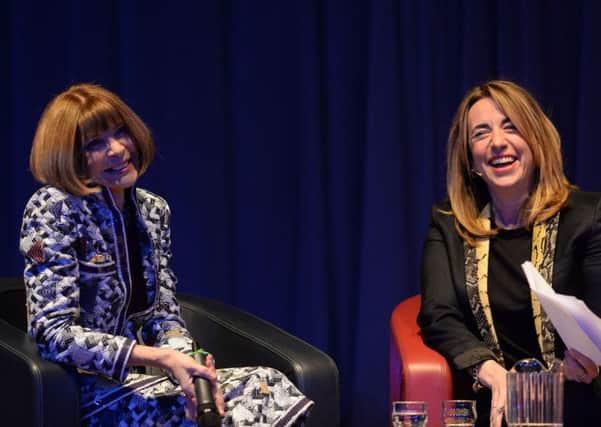 Editor-in-Chief of American Vogue Anna Wintour (left) takes part in a question and answer session with Editor-in-Chief of the Guardian, Kath Viner, during the Northern Youth Fashion Show at the University of York. Picture: Anna Gowthorpe/PA Wire