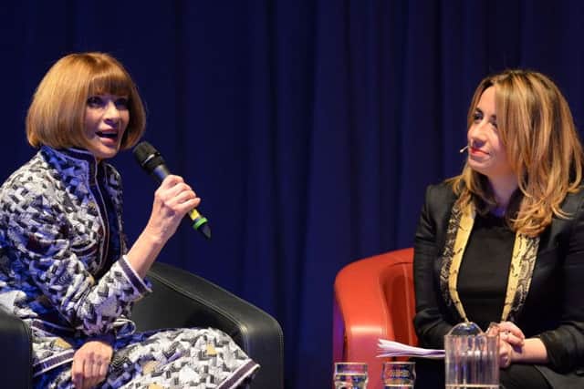 Editor-in-Chief of American Vogue Anna Wintour (left) takes part in a question and answer session with Editor-in-Chief of the Guardian, Kath Viner, during the Northern Youth Fashion Show at the University of York. Picture: Anna Gowthorpe/PA Wire