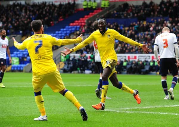 Toumani Diagouraga celebrates his first goal for Leeds United at Bolton. (Picture: Jonathan Gawthorpe)