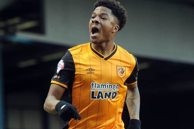 Chuba Akpom celebrates scoring for Hull against Bury. (Picture: by Simon Hulme)