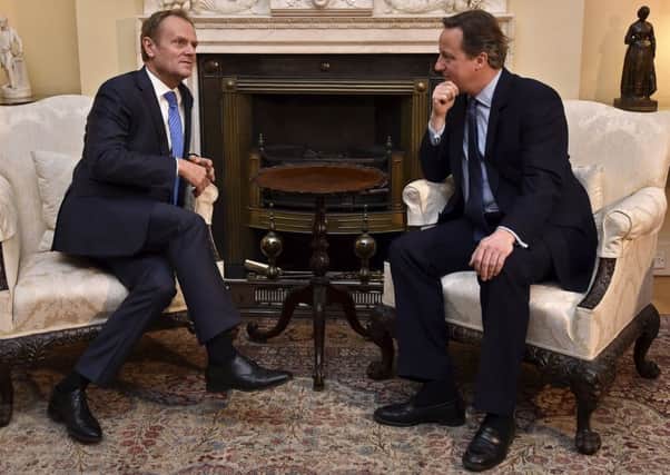 Prime Minister David Cameron (right) meets with European Council president Donald Tusk at 10 Downing Street in London ahead of crunch talks to finalise an EU reform package that could be backed by the rest of the 28-country bloc. PRESS ASSOCIATION Photo. Picture date: Sunday January 31, 2016. A deal at the next summit on February 18-19 is seen as vital if Mr Cameron wants to hold a spring referendum on EU membership. See PA story POLITICS EU. Photo credit should read: Toby Melville/PA Wire