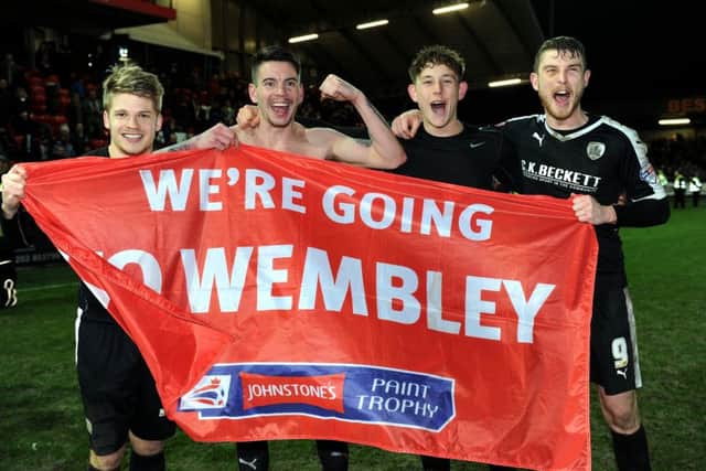 FINAL RECKONING: Barnsley's players celebrate going to Wembley. Picture: Jonathan Gawthorpe