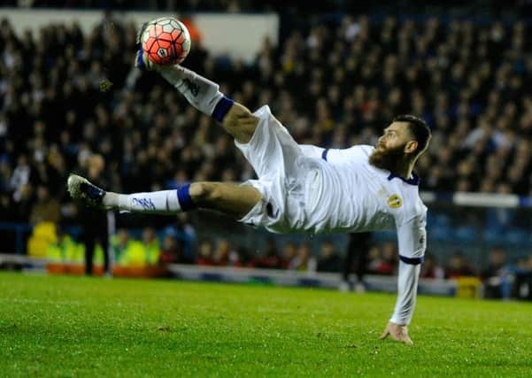 Mirco Antenucci in acrobatic action for Leeds United against Rotherham United. (Picture: Bruce Rollinson)