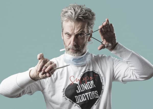Peter Capaldi wearing a T-shirt for the Wear Your NHS campaign, designed by Dame Vivienne Westwood.
