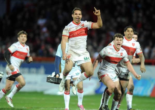 Hull Kingston Rovers' Maurice Blair, along with team-mates celebrate their draw against Castleford Tigers.