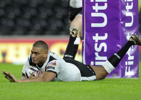 Leon Pryce scores Hull's first try against Salford Red Devils.  Picture: Bruce Rollinson