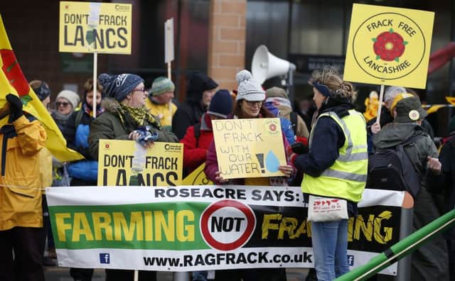 Anti-fracking protestors outside Bloomfield Road, the home of Blackpool football club, before a Planning Inspectorate inquiry