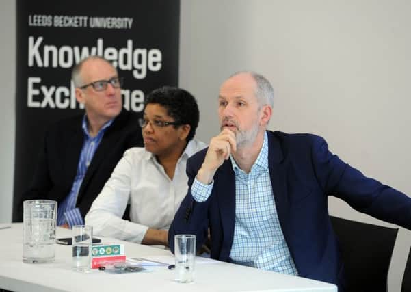 Date:11th February 2016. Picture James Hardisty. Digital Hub Innovation Network breakfast event at Yorkshire Post Newspapers. Pictured Speakers John Burrows, Professor Dorothy Monekosso, and Steven Webb.