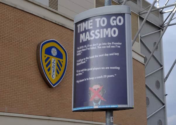 Time to Go Massimo advertising hoarding outside the East Stand main entrance to Leeds United's Elland Road ground