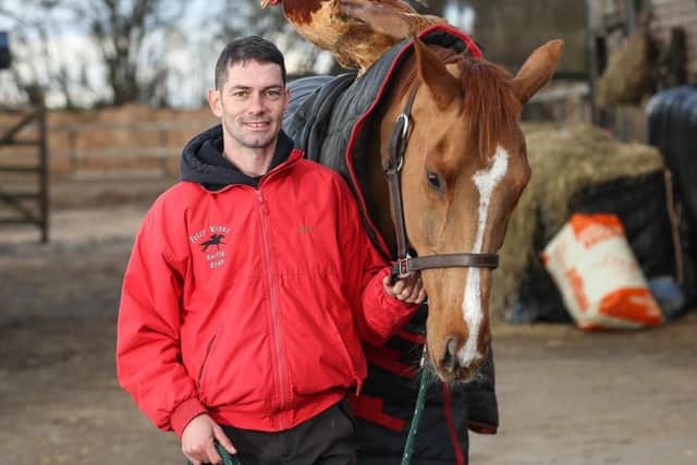 Amateur jockey Ryan Winks helps look after ex-racehorse George and George's friend Phez the chicken at Homefield Racing Stables, Barnsley. Picture: Ross Parry Agency