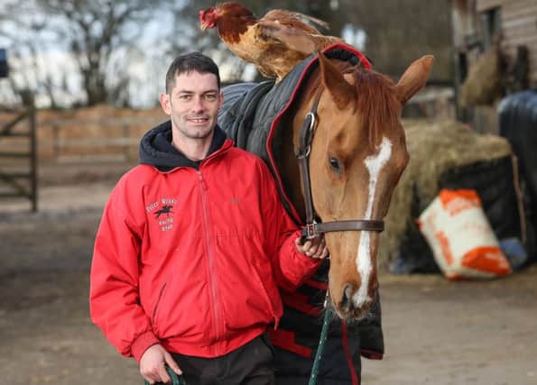 Amateur jockey Ryan Winks helps look after ex-racehorse George and George's friend Phez the chicken at Homefield Racing Stables, Barnsley. Picture: Ross Parry Agency