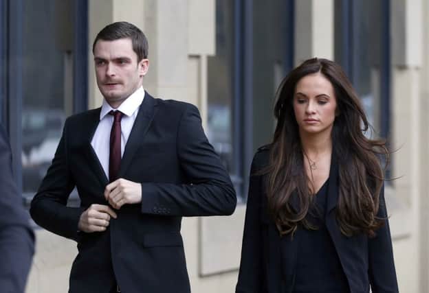 England footballer Adam Johnson, 28, arrives with partner Stacey Flounders at Bradford Crown Court