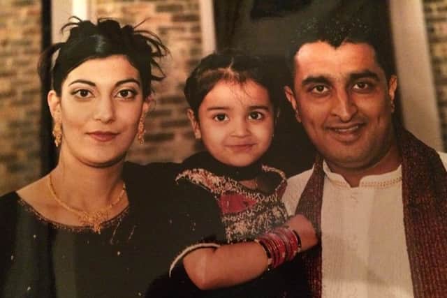 Sajid Saddique pictured with his widow Asma Razaq and their eldest daughter, Neha, now aged 15.