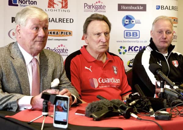 Neil Warnock is unveiled as the new manager of Rotherham United at the New York Stadium with Chairman Tony Stewart and Kevin Blackwell.  Picture: Dean Atkins.