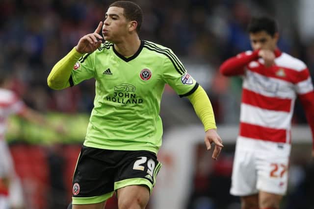 Che Adams of Sheffield Utd celebrates scoring the only goal of the game against Doncaster Rovers (Picture: Simon Bellis/Sportimage).