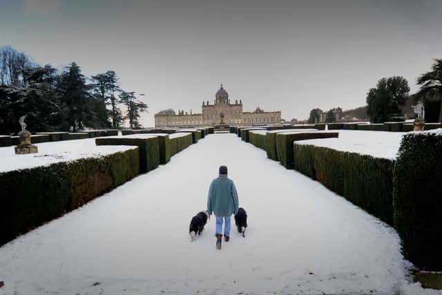 A woman walks her dogs in the snow at Castle Howard, North Yorkshire ..15th February. Picture by Simon Hulme