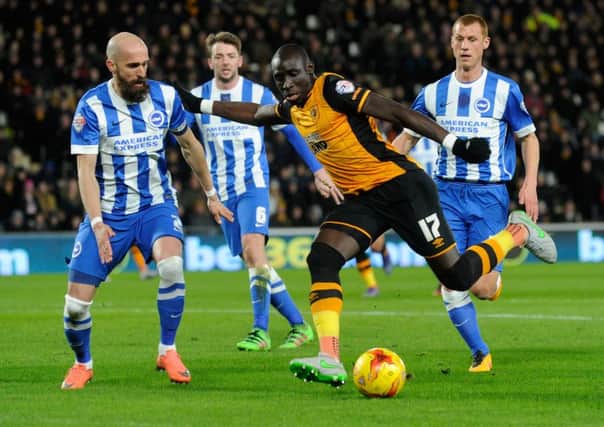 Hull's Mo Diame lines up a shot past Bruno. Picture Bruce Rollinson