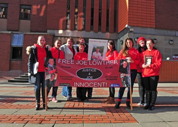 6 February 2015 .......   Campaigners stage a  protest at Leeds Crown Court against the joint enterprise doctrine including the families of three men convicted for the brutal murder of Bradford man Barry Selby. They say Andrew Feather, Joseph Lowther and Robert Woodhead were wrongly convicted. TJ100704f Picture Tony Johnson