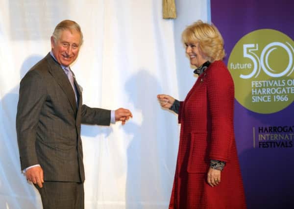 The Prince of Wales and the Duchess of Cornwall, visit the Royal Hall, Harrogate.The Prince and the Duchess share a joke whilst unveiling the plaque.17th February 2016 ..Picture by Simon Hulme