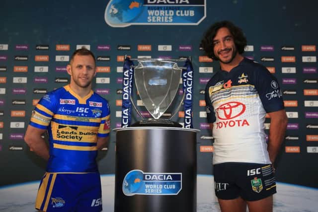 Rob Burrow, of Leeds Rhinos, and Johnathan Thurston, of North Queensland Cowboys, at the launch of the 2016 Dacia World Club Series at Renault Manchester (Picture: Nick Potts/PA Wire)