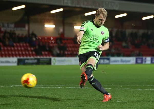 Sheffield United's Jay McEveley a penalty against Fleetwood Town (Picture: Philip Oldham/SportImage
).