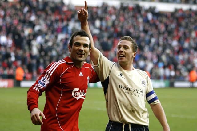 Barnsley's captain Brian Howard (r), scorer of the winning goal celebrates with his team mate Martin Devaney after the FA Cup Fifth Round shock at Liverpool in 2008.