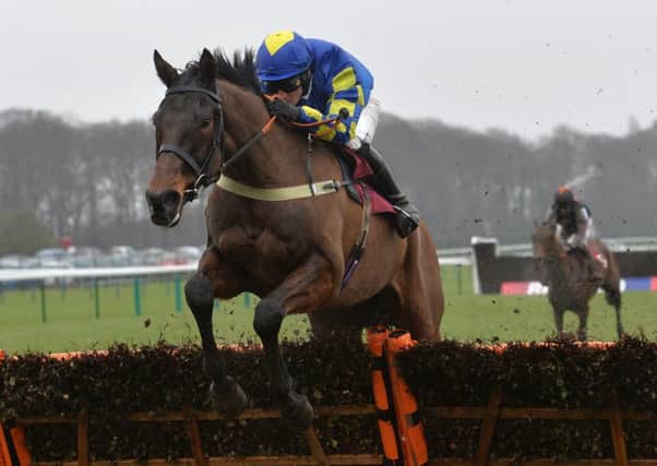 Outsider Mr Moonshine and Danny Cook clear the last on the way to victory in the Pertemps Network Hurdle (Picture: PA).