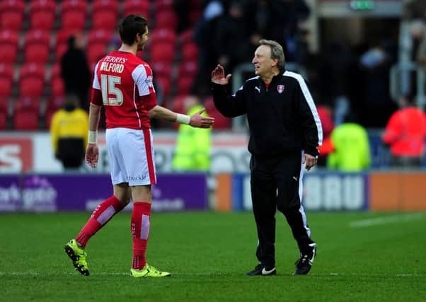 New Rotherham United manager Neil Warnock shakes hands with Greg Halford after the game with Birmingham (
Picture: Jonathan Gawthorpe).