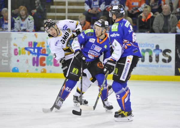 Sheffield Steelers' Ben O'Connor finds his path blocked by Nottingham Panthers' Matthew Myers. Picture: Dean Woolley.