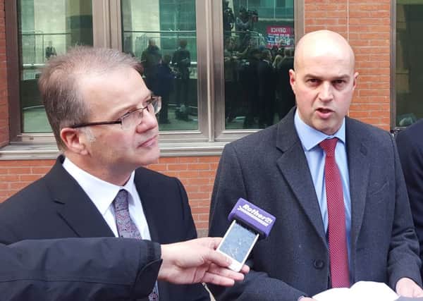 Peter Mann, CPS Yorkshire and Humberside, and Temp DCI Martin Tait of South Yorkshire Police speak to the media outside Sheffield Crown Court