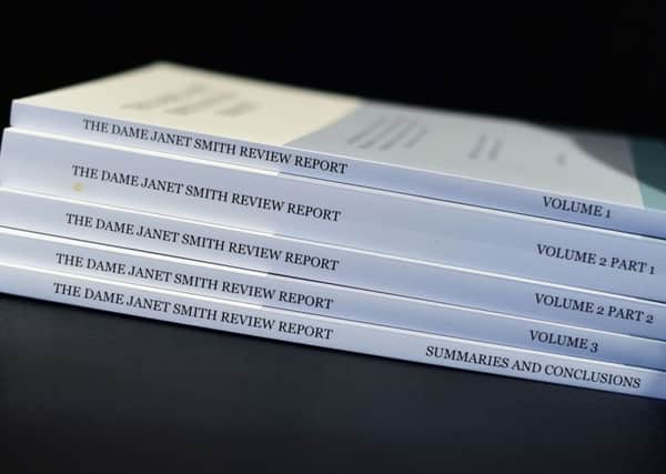 A copy of The Dame Janet Smith Review Report at BBC Broadcasting House in London following its  publication on former television presenter Jimmy Savile and Stuart Hall.