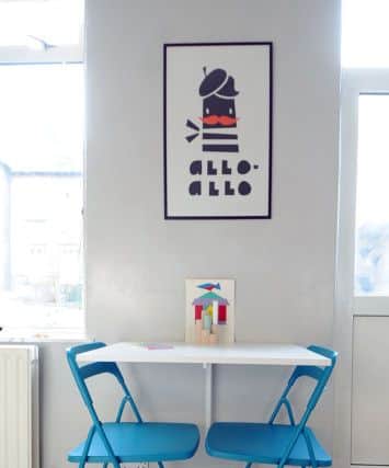 The framed tea towel is from Nora's in Ilkley and the fold-down table is from Ikea