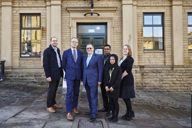 Coun David Green and Leeds City Region LEP chairman Roger Marsh meet with students from Shipley College outside the refurbished Mill Building, with Martyn Booker, project architect at Rance, Booth Smith.