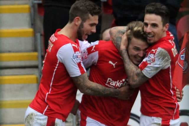 Rotherham United substitute Danny Ward is congratulated after scoring what proved the winning goal against Brentford (Picture: Simon Hulme).