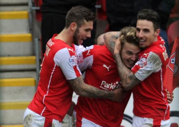 Rotherham United substitute Danny Ward is congratulated after scoring what proved the winning goal against Brentford (Picture: Simon Hulme).
