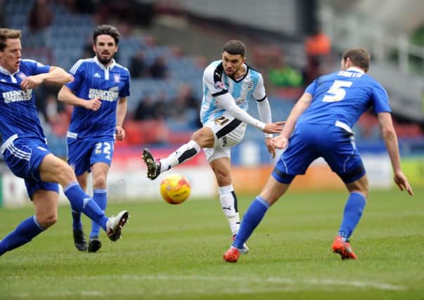 Huddersfield Town's Nahki Wells lets fly but is unable to find the net against Ipswich Town (Picture: Jonathan Gawthorpe).