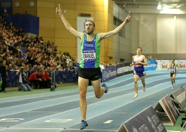 Yorkshire's Lee Emanuel celebrates after winning the men's 3,000m at the Indoor British Championships at the English Institute of Sport, Sheffield (Picture: Martin Rickett/PA Wire).