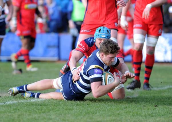Richard Beck scores Yorkshire Carnegie's try in Sunday's defeat to leaders Bristol. Picture: Steve Riding.
