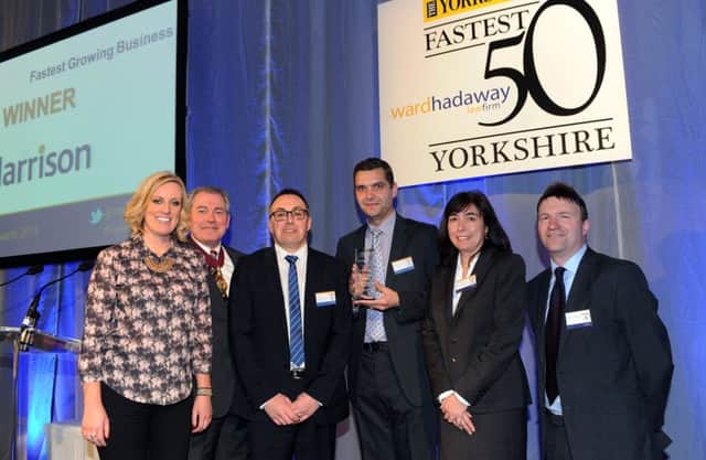 Yorkshire Fastest 50 Awards at Aspire in Leeds.
Pictured the Fastest Growing Business winner S Harrison Group. From left, BBC Breakfast Business reporter Steph McGovern, Philip Jordan (Ward Hadaway), Steve McManaman, Gavin Jones, Ann Scott and Deputy Business Editor of the Yorkshire Post Greg Wright.
20th March 2015.