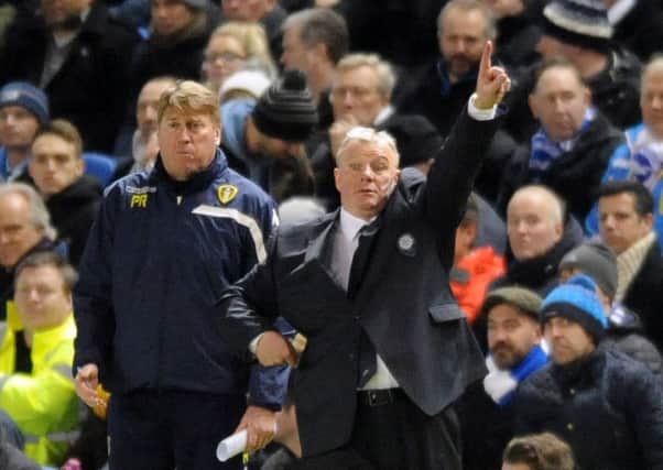 Leeds United assistant coach Paul Raynor, touch-side with Steve Evans at Brighton on Monday.