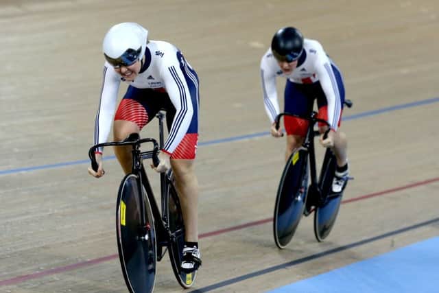 Great Britain's Jessica Varnish (left) and Katy Marchant compete in the Women's Team Sprint during day one of the UCI Track Cycling World Championships at Lee Valley VeloPark, London. (Picture: Tim Goode/PA Wire).