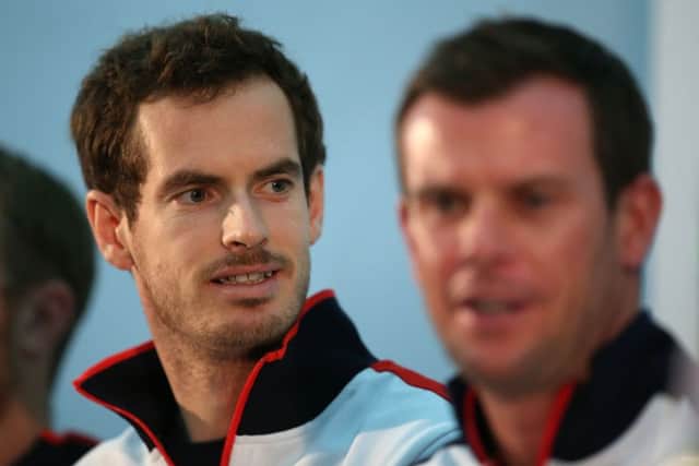 Andy Murray and team captain Leon Smith during a Davis Cup press conference in Birmingham on Wednesday. Picture: Mike Egerton/PA.