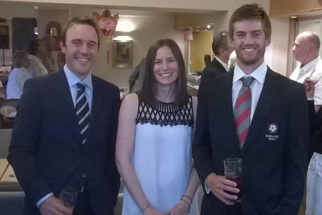 Jamie Bower with Meltham GC professionals Simon and Sarah Race.